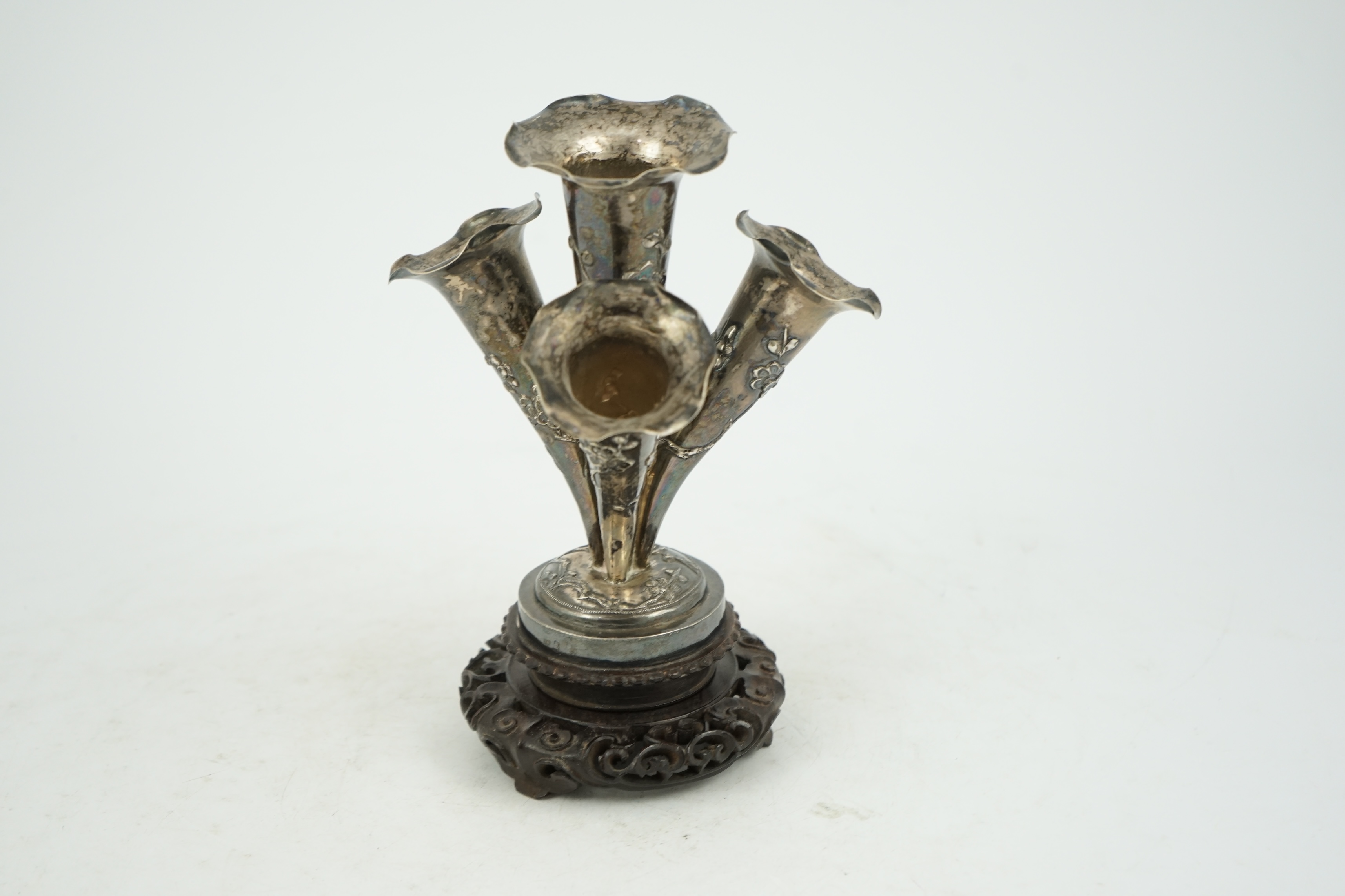 A Chinese export silver quadruple trumpet vase centrepiece, c.1900-1910